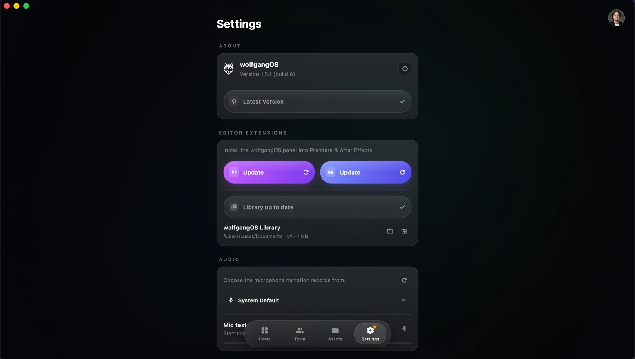 The Settings screen, showing the app's own version and update state alongside the Premiere and After Effects panel installers