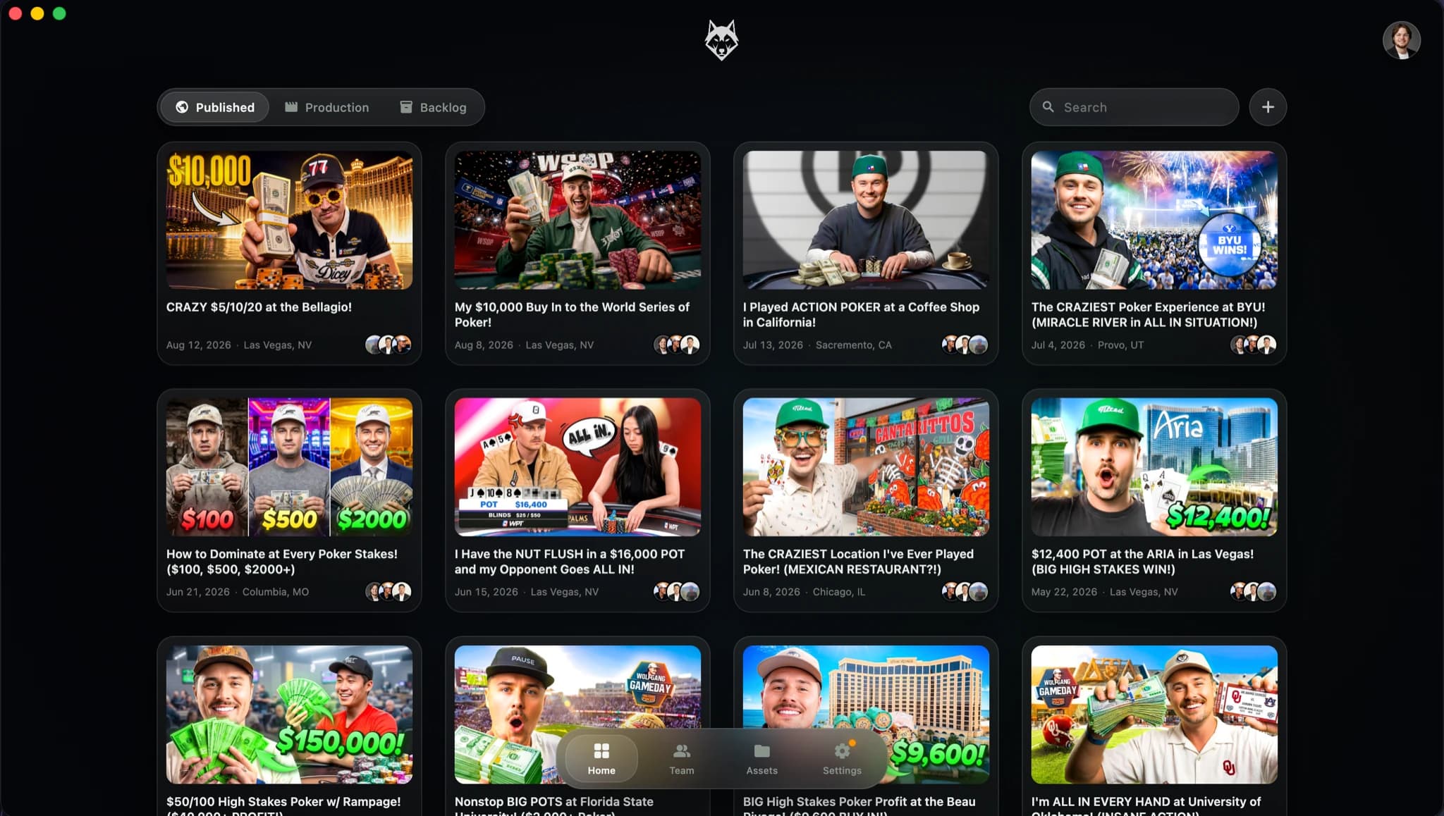 The project grid, showing published videos with thumbnails, dates, locations, and the team members assigned to each