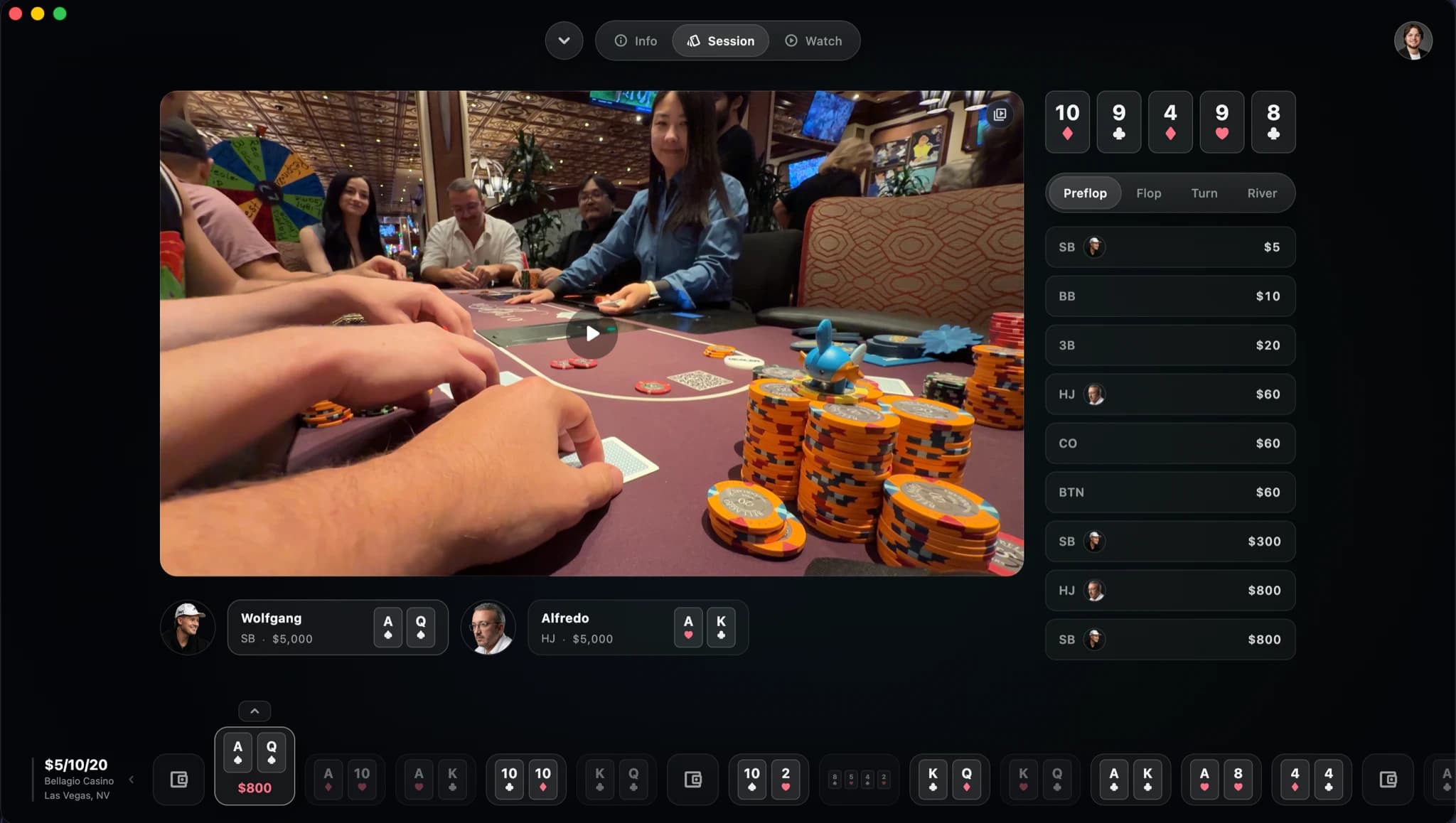The session editor: a hand's linked footage beside its board, street tabs, and the full action ladder, with the session's hands along the bottom